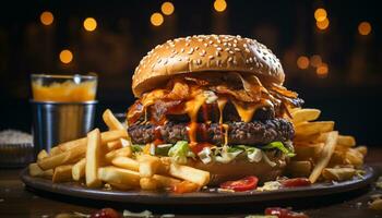 grillad nötkött burger med pommes frites, ost, tomat på färsk bulle genererad förbi ai foto