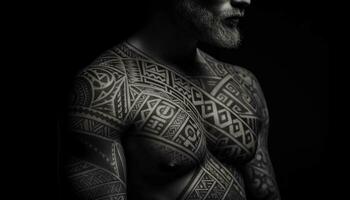 tatuerade man med muskulös bygga utstrålar förtroende och sensualitet genererad förbi ai foto