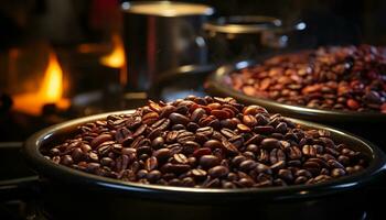 nyligen rostad kaffe bönor, en Barista konst, ångande cappuccino fullkomlighet genererad förbi ai foto