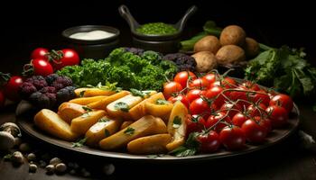 friskhet på de tabell friska äter, organisk vegetarian mat, gourmet sallad genererad förbi ai foto