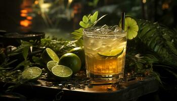 uppfriskande cocktail med citrus- frukt, is, och en skiva av citron- genererad förbi ai foto