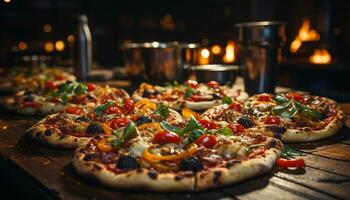 friskhet och rustik matlagning, hemlagad pizza bakad inomhus med mozzarella genererad förbi ai foto
