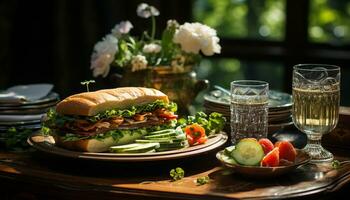 friskhet på en rustik tabell, grillad nötkött smörgås, friska äter genererad förbi ai foto