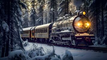 retrofuturistisk steampunk tåg mitt i sibirisk frysta skog generativ ai foto