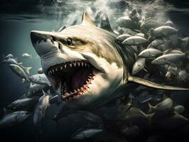dynamisk stöta på haj attackera en skola av fisk generativ ai foto