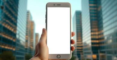 attrapp bild av man innehav smartphone med tom vit skärm, företag begrepp - ai genererad bild foto