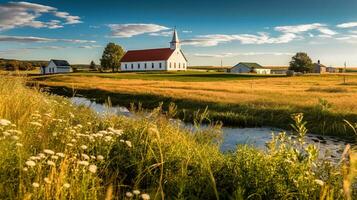 en lugn sommar glöd en protestant kyrka mitt i pittoresk fält generativ ai foto