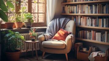 en mysigt läsning rum med ett fåtölj och en bokhylla och en stor fönster. generativ ai foto