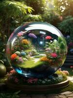 en blomma trädgård inuti en kristall boll, ai genererad foto