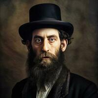 porträtt av en skäggig hassidiska jude bär en hatt generativ ai foto