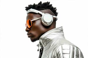 hörlurar musik män ung porträtt vuxen svart dj Häftigt afrikansk livsstil. generativ ai. foto