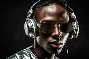 porträtt musik mode svart fest hörlurar män livsstil solglasögon kille ung. generativ ai. foto