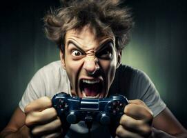 man ilska skrika porträtt video skrika spelar teknologi joystick person gamer arg påfrestning rasande soffa uppkopplad foto