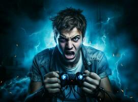 skrika man Hem gamer spelare TV påfrestning arg soffa natt porträtt joystick uppkopplad teknologi rädsla spelar foto
