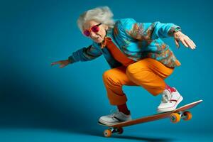 kvinna mormor självsäker aktiva lady gammal sten livsstil modern positiv skateboard galen äldre foto