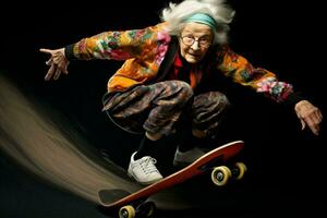 Lycklig kvinna lady person skateboard livsstil gammal positiv grå galen äldre sten bakgrund mormor porträtt modern foto