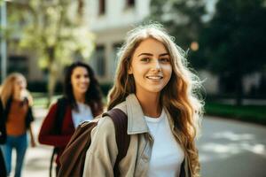 studerande utomhus skola innehav vänskap Lycklig utbildning ung leende grupp mångfald högskola foto