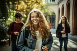 studerande Lycklig utbildning utomhus tonåringar högskola leende innehav parkera ung vänskap vuxen grupp skola vänner foto