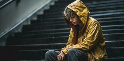 porträtt deprimerad Tonårs ensam missbruk ensamhet ledsen stad Sammanträde ung påfrestning förtvivlan problem regn urban foto