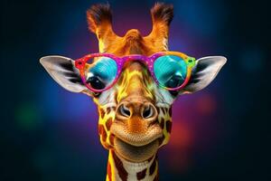 afrika nacke porträtt vilda djur och växter färgrik djur- giraff solglasögon Zoo däggdjur. generativ ai. foto