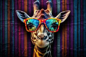 djur- nacke däggdjur solglasögon giraff afrika vilda djur och växter Zoo färgrik porträtt. generativ ai. foto