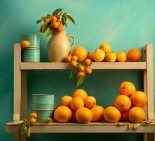 Färg citrus- frukt tabell gul orange bakgrund ljuv mat natur blå foto