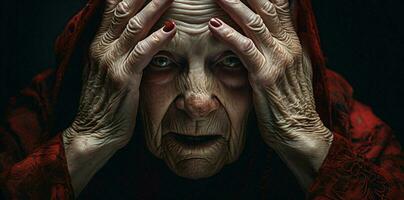 kvinna påfrestning hand äldre migrän frustrerad senior vit smärta ledsen ansikte mogna porträtt åldrig huvud gammal foto