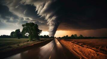 tornado i stormig landskap, åska storm, klimat förändra, naturlig katastrof, generativ ai illustration foto