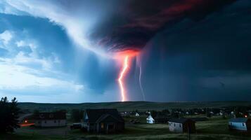 tornado i stormig landskap, åska storm, klimat förändra, naturlig katastrof, generativ ai illustration foto