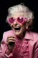 kvinna porträtt vuxen Lycklig ser senior modern fest solglasögon mormor rosa gammal foto