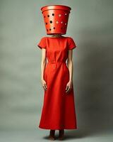 modern kvinna konst romantisk stående skönhet klänning hink röd årgång modell begrepp foto