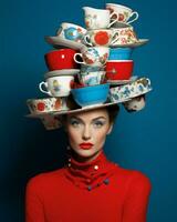 kvinna Framställ retro attraktiv varm dryck årgång blå kopp mode porträtt skönhet röd foto