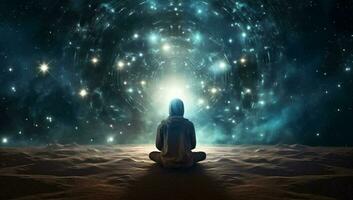 dröm själ andlighet stjärna mediterar energi yoga Plats universum zen silhuett lotus foto