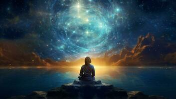 yoga universum person zen stjärna silhuett mediterar lotus Plats energi andlighet foto