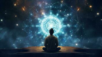 zen person yoga oändlighet Plats andlighet stjärna mediterar aura universum energi lotus silhuett foto