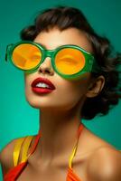Färg kvinna solglasögon neon hipster sensuell rosa skönhet trendig modern gul foto