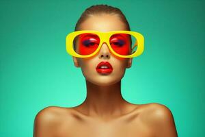 kvinna rosa solglasögon modern trendig skönhet foto