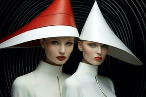 porträtt kvinnor hatt röd svart vit attraktiv konst skönhet mode brunett färgrik foto
