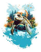 en sköldpadda flygande i de vatten förtrollade flod Bank konst illustration vektor bakgrund foto