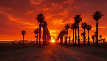dramatisk handflatan träd silhuett av öken- solnedgång generativ ai foto