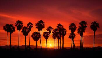dramatisk handflatan träd silhuett av öken- solnedgång generativ ai foto