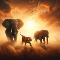majestätisk symfoni, elefanter och tiger gå ombord på en synkroniserad springa tvärs över de vildmark. ai genererad foto