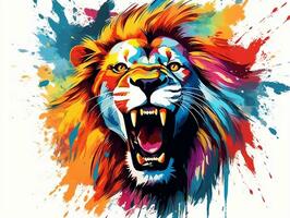 färgrik lejon huvud stänk konst med vit bakgrund ai generativ foto