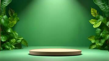 podium produkt stå eller visa med blad grön bakgrund och filmiska ljus foto