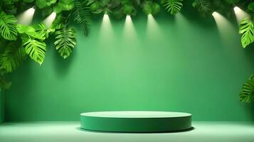podium produkt stå eller visa med blad grön bakgrund och filmiska ljus foto