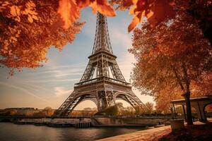 de eiffel torn i paris, Frankrike. färgrik höst löv, eiffel torn med höst löv i paris, Frankrike, ai genererad foto