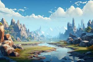 fantasi landskap med bergen och sjö. 3d framställa illustration, fantasi landskap spel ar, ai genererad foto