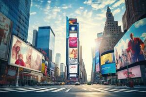 s fyrkant, featured med broadway teatrar och enorm siffra av led tecken, är en symbol av ny york stad och de förenad stater, känd gånger fyrkant landmärke i ny york stadens centrum, ai genererad foto