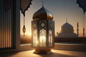 en lykta med de ljus lysande genom de fönster global belysning moské i bakgrund långt bort generativ ai foto