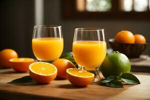 färsk orange juice i glas eller flaska med frukt generativ ai foto